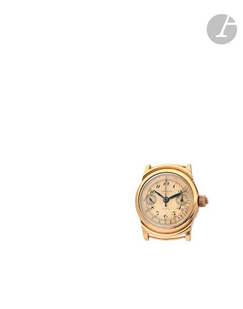 LEROY & SONS. Circa 1930N
 156548Men
's wristwatch in
 18K (750) yellow gold, single push-piece chronograph type, gold dial, hour markers with Arabic numerals, 30-minute totalizer at 3 o'clock, second hand at 6 o'clock
, mechanical
 winding movement
 N 857. Signed

 dial and case

. 

Diameter:

 32 mmGross weight

: 42.1 g

