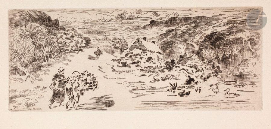 Félix Buhot (1847-1898) 

L’Entrée de Landemer (Hague). Eau-forte et pointe sèche. 185 x 74. Bourcard-Goodfriend 57. Réunion de 2 très belles épreuves, l’une sur vélin, d’un état intermédiaire entre le 1er et le 2e (sur 2), avec l’adresse de Delâtre mais avant le monogramme gravé, et l’autre de l’état définitif sur japon vergé mince. Toutes marges.