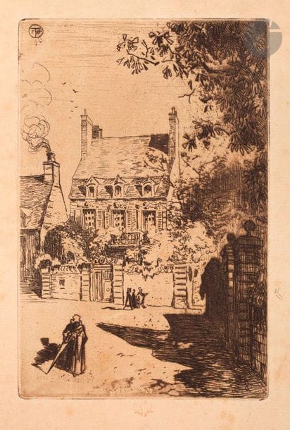 Félix Buhot (1847-1898) 

En province – la maison d’Orléans (Valognes). Eau-forte. 90 x 136. Bourcard-Goodfriend 65. Belle épreuve sur vergé. Rousseurs et trace d’oxydation. Au verso, nombreuses annotations au crayon de la main de l’artiste, certaines en anglais.