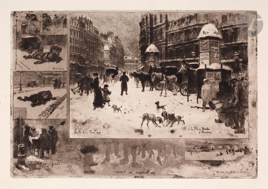 Félix Buhot (1847-1898) 

L’Hiver à Paris ou La Neige à Paris. 1879. Eau-forte, pointe sèche, roulette et aquatinte. 343 x 237. Bourcard-Goodfriend 128. Superbe épreuve tirée à l’effet et chargée de barbes, sur vergé, du tirage de L’Art. Infimes points de rouille marginaux. Toutes marges. Ex-coll. H.-M. Petiet (Lugt 5031).