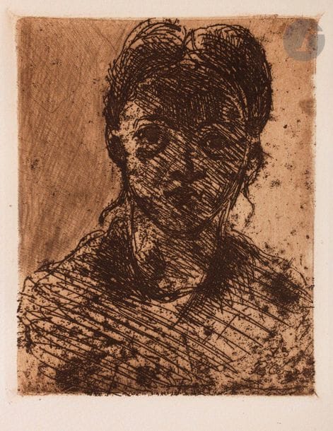 Paul Cézanne (1839-1906) 

Tête de jeune fille. 1873. Eau-forte et roulette. 112 x 133. Impression en brun. Très belle épreuve sur vélin fort crème, du tirage de 1914 pour l’ouvrage d’Ambroise Vollard, Paul Cézanne. Infimes rousseurs et fine trace d’oxydation aux bords du feuillet. Toutes marges.