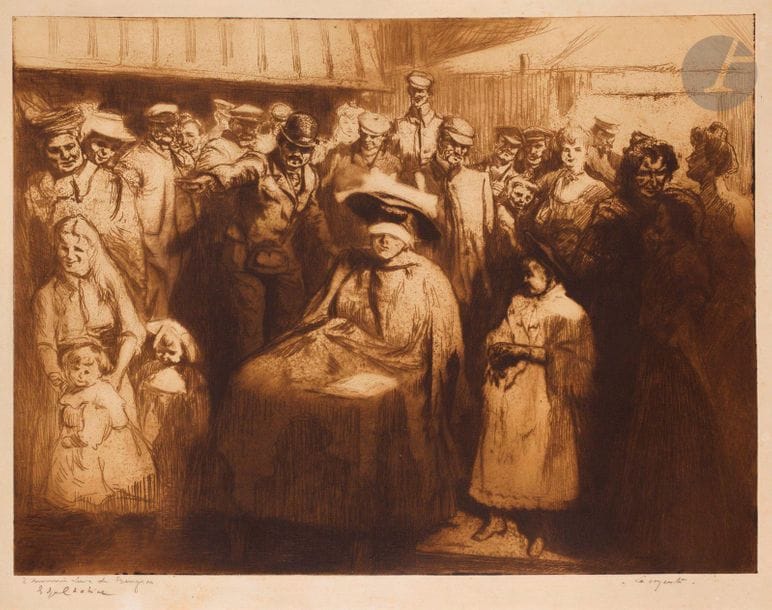 Edgar Chahine (1874-1947) 

La Voyante. 1908. Eau-forte. 560 x 425. Tabanelli 276. Impression en brun. Très belle épreuve sur vergé crème, dédicacée « A Monsieur Levi de Benzion » (avec son paraphe au crayon en pied à droite au verso), signée et titrée au crayon. Oxydation du feuillet par places. Restes de papier gommé en tête au verso. Toutes marges. Tirage à 50 épreuves.