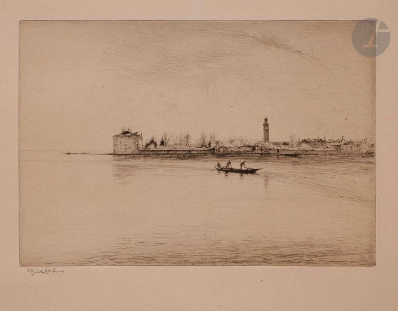 Edgar Chahine (1874-1947) 

Venise, casin dei Spiriti. 1923. Pointe sèche. 318 x 218. Tabanelli 380. Belle épreuve sur vélin ivoire, signée au crayon. Quelques rousseurs marginales. Toutes marges. Tirage à 100 épreuves. Cadre.