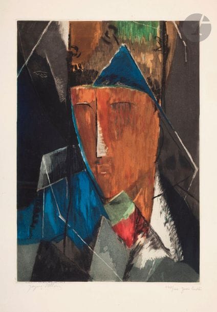 * Jean-Joseph Crotti (1878-1958) (d’après) 

Portrait d’homme. 1928. Gravé par J. Villon. 325 x 462. Ginestet et Pouillon 658. Impression en couleurs. Très belle et fraîche épreuve sur vélin, signée par Villon puis numérotée et signée par Crotti au crayon. Fins plis cassés obliques en tête. Courtes déchirures au bord droit. Trous d’épingles dans les angles du feuillet. Étiquette adhésive collée au verso. Toutes marges. Tirage à 200 épreuves. Bernheim-Jeune éd.