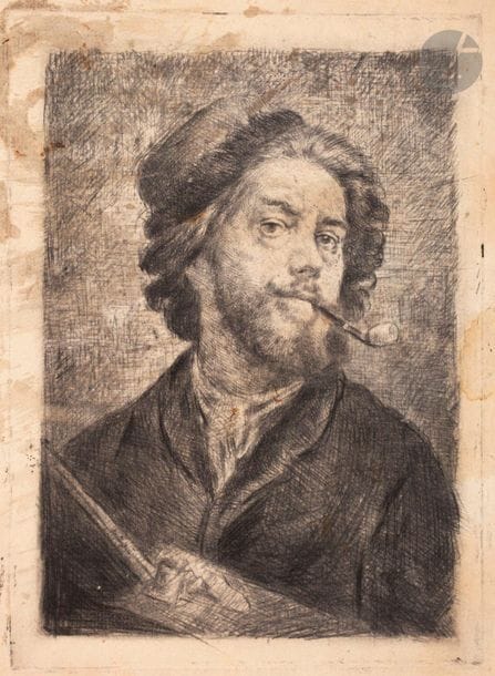 Marcellin Desboutin (1823-1902) 

L’Homme à la palette. 1885. Pointe sèche sur zinc. 169 x 235. Clément-Janin 72. Épreuve sur vergé, oxydée, avec larges taches d’encre brunâtre et auréoles d’humidité. Deux déchirures au bord droit. Toutes marges. Très rare selon Clément-Janin.