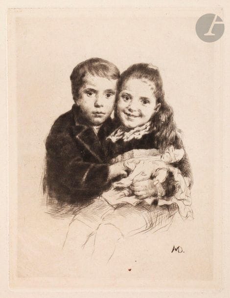 Marcellin Desboutin (1823-1902) 

Charles Bigot ; Grand-Carteret ; Mme Lambert-Lassus ; Enfants Lassus ; Mlle Lassus ; Morer compositeur de musique. Pointe sèche. Chaque env. [275 x 380]. Clément-Janin 16, 114, 151, 153, 154, 180. Belles épreuves sur vélin, oxydées. Menus accidents, rares rousseurs et trous de vers. Toutes marges. Ens. 6 p.