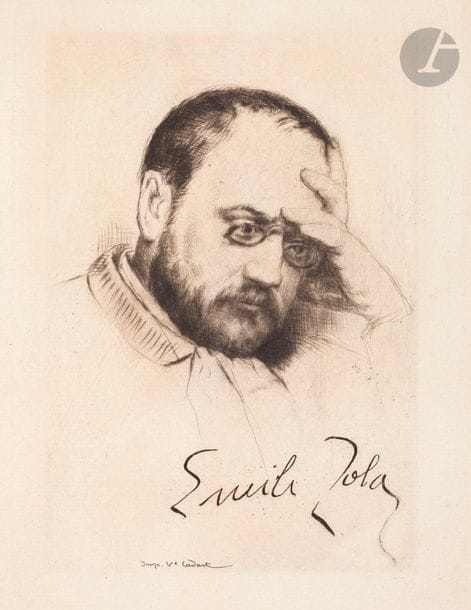 Marcellin Desboutin (1823-1902) 

Émile Zola, à la signature (d’après nature) ; Gustave Courbet. Pointe sèche. 115 x 158. Clément-Janin 246 et 53. Belles épreuves sur vergé. Rousseurs et traces d’oxydation. Toutes marges. Cadart éd. pour le 1er sujet (le 2e paru dans C. Lemonnier, Gustave Courbet et son œuvre, Lemerre éd.) Ens. 2 p.