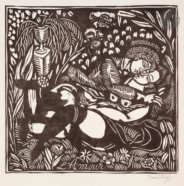 Raoul Dufy (1877-1953) 

L’Amour. 1910-1911. Bois gravé. 312 x 302. Pernoud, L’Estampe des Fauves, p. 88. Très belle épreuve d’ancien tirage sur chine volant, signée au crayon et numérotée le long du bord inférieur. Toutes marges. Tirage à 100 épreuves. Ex-coll. H.-M. Petiet (Lugt 5031).