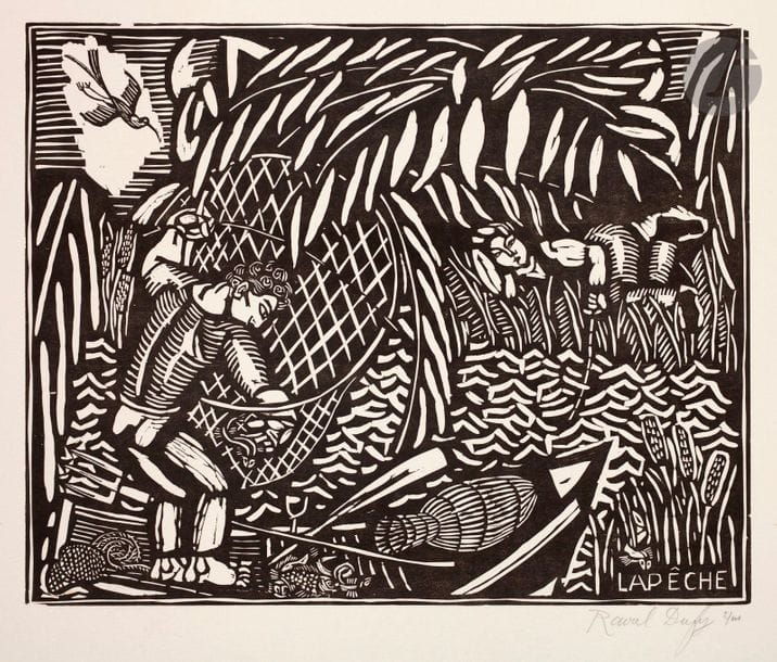 Raoul Dufy (1877-1953) 

La Pêche. 1910-1911. Bois gravé. 400 x 320. Pernoud, L’Estampe des Fauves, p. 88. Très belle épreuve d’ancien tirage sur japon, signée et numérotée au crayon. Nombreuses traces de plis et empoussiérage aux bords du feuillet. Toutes marges non ébarbées. Tirage à 100 épreuves.