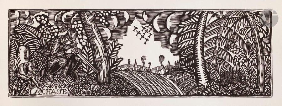 Raoul Dufy (1877-1953) 

La Chasse. 1910-1911. Bois gravé. 640 x 208. Pernoud, L’Estampe des Fauves, p. 88. Très belle épreuve d’un tirage postérieur (vers 1950) sur vélin, légèrement oxydée. Bande d’empoussiérage au bord droit du feuillet. Court pli cassé dans l’angle supérieur droit. Toutes marges.