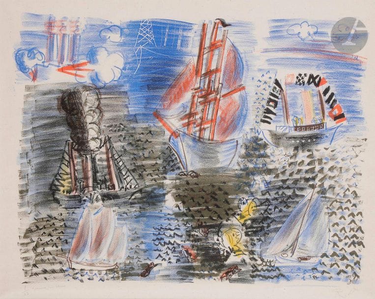 Raoul Dufy (1877-1953) 

Marine aux papillons. Vers 1930. Lithographie. 460 x 355. Impression en couleurs. Très belle et rare épreuve sur chine volant, numérotée, annotée « épreuve sur chine » et signée des initiales au crayon. Marges. Tirage à 33 épreuves. Cadre.