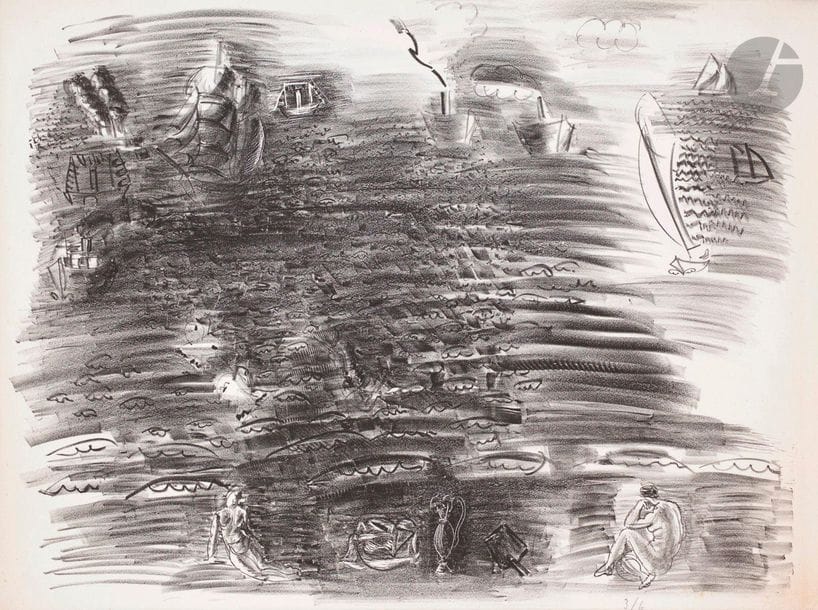 Raoul Dufy (1877-1953) 

La Mer (Marine aux baigneuses, voiliers, steamers et papillons). Vers 1921. Lithographie. 640 x 500. Belle épreuve sur vélin blanc, numérotée au crayon « 3/6 ». Oxydation aux bords du feuillet. Petites rousseurs. Toutes marges. Ex-coll. H.-M. Petiet (Lugt 5031).