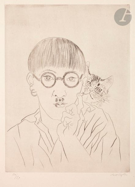 Léonard-Tsuguharu Foujita (1886-1968) 

Autoportrait, le chat sur l’épaule. 1927. Pointe sèche. 247 x 330. Buisson 27-02. Parfaite épreuve sur vélin crème fort, numérotée et signée au crayon. Minuscule épidermure dans le fond au-dessus des cheveux. Infimes points d’encre noire en pied du feuillet. Toutes marges. Tirage à 150 épreuves. Timbre sec : Le Chien de Pique (Lugt 4622).