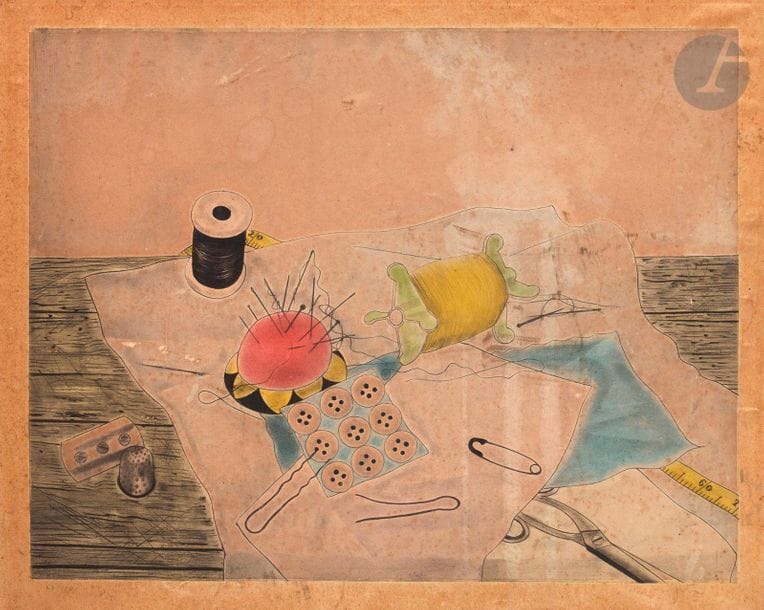 Léonard-Tsuguharu Foujita (1886-1968) 

Nature morte aux fils et aux boutons. Vers 1929. Pointe sèche et aquatinte. 370 x 305. Buisson 29.25.  Impression en couleurs. Épreuve sur vélin mince, numérotée et signée au crayon, manquant de conservation, collée en plein sur carton. Taches, traces d’oxydation, ondulations, petites fractures et éraflures en surface. Toutes marges. Tirage à 100 épreuves.