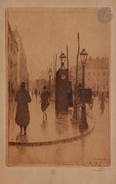 Henri Guérard (1846-1897) 

Avenue Trudaine. 1872. Eau-forte. 160 x 230. Bertin 239. Belle épreuve tirée en bistre sur vergé, dédicacée à la plume et à l’encre « à Monsieur Georges Bardon / Bien cordialement » et signée, timbrée (Lugt 1557). Oxydation du feuillet. Belles marges. Cadre.