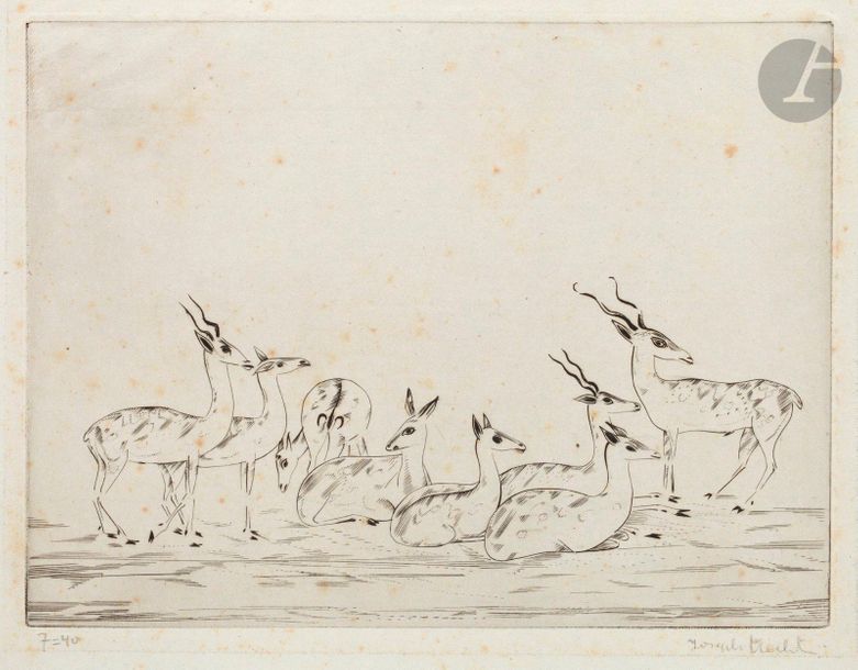 Joseph Hecht (1891-1951) 

Gazelles et biches II. 1930. Burin. 235 x 175. Plumart, Tonneau-R. 212. Très belle épreuve sur vergé de Montval azuré, numérotée et signée au crayon. Infimes traces de plis. Rousseurs claires éparses. Toutes marges. Tirage à 40 épreuves.
