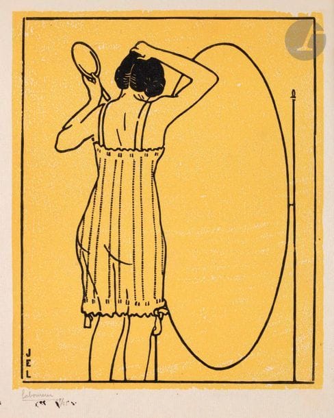 Jean-Émile Laboureur (1877-1943) 

Le Miroir ovale. 1911. Bois gravé. 123 x 150. Laboureur 656. Très belle épreuve sur japon mince, le fond tiré en jaune, signée au crayon. Petites décharges d’encre sous la signature. Toutes marges. Tirage total à 21 épreuves. Joint : L’Essuyage (Instantanés, pl. 2). 1911. Bois gravé. 102 x 184. Laboureur. 655-2. Très belle épreuve sur vélin crème, le fond tiré en vert vif. Rousseurs claires essentiellement visibles au verso. Toutes marges. Ex-coll. H.-M. Petiet (Lugt 5031). Ens. 2 p.