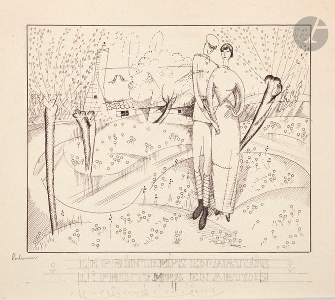 Jean-Émile Laboureur (1877-1943) 

Le Printemps en Artois. 1916. Réunion de 2 dessins préparatoires à la plume sur vélin mince, [267 x 195], signés, l’un titré et daté par l’artiste, l’autre portant en outre le titre sur une double ligne. Joint : même sujet. Burin. 153 x 174. Laboureur 153. Très belle et fraîche épreuve sur vergé mince, signée et numérotée au crayon. Toutes marges. Tirage total à 44 épreuves. Ex-coll. H.-M. Petiet (Lugt 5031). Ens. 3 p.