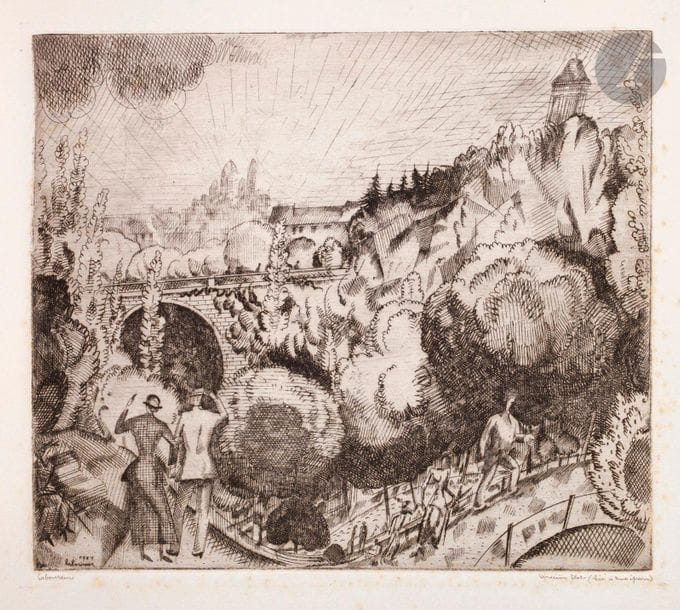 Jean-Émile Laboureur (1877-1943) 

Paysages aux Buttes-Chaumont (2e pl.). 1921. Eau-forte. 230 x 200. Laboureur 205. Belle épreuve sur vélin blanc, du 2e état (sur 3), avant les tailles horizontales dans l’arbre de droite, signée au crayon et annotée « deuxième Etat (tiré à deux épreuves) » puis titrée en pied à gauche. Rousseurs claires éparses. Toutes marges.