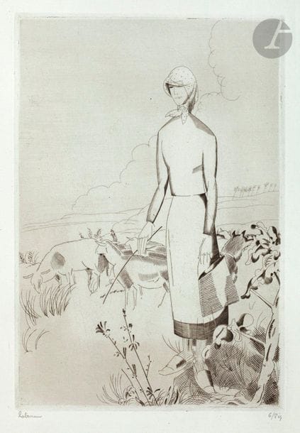 Jean-Émile Laboureur (1877-1943) 

La Grande bergère. 1926. Burin. 170 x 250. Laboureur 323. Très belle épreuve sur vergé ancien azuré, l’une des 8 du 1er état (sur 2), avant les rayures sur le corsage, signée et numérotée au crayon puis annotée dans l’angle inférieur gauche « 1er Etat ». Une rousseur claire au bord gauche. Toutes marges. Tirage définitif à 75 épreuves.