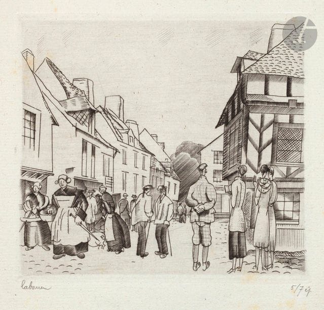 Jean-Émile Laboureur (1877-1943) 

Touristes en Bretagne. 1928. Burin. 121 x 110. Laboureur 376. Très belle épreuve sur vergé ancien azuré, l’une des 7 du 2e état (sur 3), avant le monogramme, signée et numérotée au crayon. Quelques rousseurs claires. Petit arrachement dans l’angle inférieur droit. Toutes marges.
