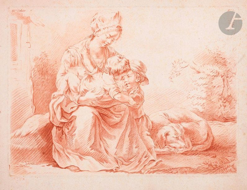 Louis-Marin Bonnet (1743-1793)

Étude pour les Demoiselles, pl. 789 et 790. Gravé en manière de crayon. Chaque 190 x 260. Hérold 789 et 790. Impression en sanguine. Très belles épreuves. Bonnes marges. Joint : Mère et enfants (12e Cahier, n° 3). Gravé en manière de crayon. 292 x 210. Impression en sanguine. Léger empoussiérage. Toutes marges non ébarbées. Joint : Jacques Bonnefoy. Qu’elle est gentille. Gravé d’après Boilly. 393 x 520. Épreuve sur vergé, oxydée, rognée au coup de planche mais complète de la tablette, avec nombreux accidents aux bords du feuillet. Ens. 4 p.
