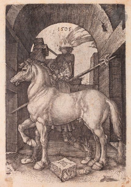 Albrecht Dürer (1471-1528)

Le Petit cheval. 1505. Burin. 108 x 163. Bartsch 96 ; Meder 93 d. Belle épreuve sur vergé mince, d’un tirage du XVIe s., très poussée dans les noirs, le fond gris et semé de petits points d’encre, avec de nombreuses éraillures perceptibles. L’angle inférieur droit arraché et sommairement recollé, avec petite inscription ancienne à la plume et à l’encre sépia. Minuscules rousseurs claires éparses. Petite tache claire dans l’angle inférieur gauche. Traces de colle dans les angles au verso. Bonnes marges (env. 8 mm).