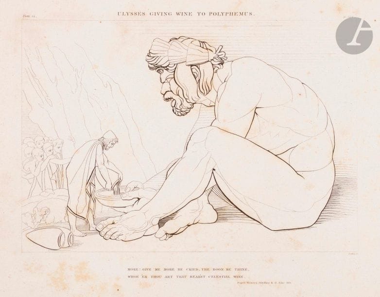 John Flaxman (1755-1826) (d’après) 

The Iliad of Homer Engraved from the Compositions of John Flaxman R.A. Sculptor, London ; The Odyssey of Homer Engraved from the Compositions of John Flaxman R.A. Sculptor, London. Longman, Hurst, Rees & Orme [etc.]. 1805. 2 vol. oblongs, 470 x 307, contenant chacun une suite complète de respectivement 39 et 34 pl., précédées d’un titre gravé. La 1re série gravée par W. Blake (pl. 1, 2 et 5), Piroli (pl. 3, 4, 6-13, 15-36, 38 et 39), et Parker (pl. 14 et 37) ; la 2e gravée par Parker ou Neagle. Bonnes épreuves sur vélin blanc. Fortes rousseurs. La pl. 24 de la 2e série très accidentée, avec déchirures et manques dans les bords. Quelques pl. déreliées. Rel. de carton brun avec étiquette de titre sur le 1er plat, très défraîchies (dos fendu). 



« The title-plate and 34 plates [of the Iliad] engraved by Thomas Piroli were published first in Rome in 1793 then in London in 1795. The plates were copied by other engravers for the editions printed in Paris in 1803, and in Göttingen (?) and Leipzig in 1804. [The] 1805 edition is a reprinting of the Piroli plates with 3 new plates engraved by Blake (pl. 1, 2, 5) and 2 by James Parker (pl. 14, 37). The engravings were said by Flaxman to be ideas for bas reliefs he hoped to make when he returned from Italy. » (www.collections.soane.org).