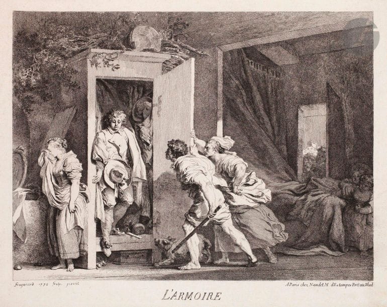 Jean-Honoré Fragonard (1732-1805) 

L’Armoire. 1778. Eau-forte. 520 x 420. Baudicour 2 ; I.F.F. 22 ; Regency to Empire 76. Belle épreuve sur vergé blanc, avec l’adresse de Naudet, rognée sur le coup de planche mais avec marges du cuivre, anciennement lavée. Léger empoussiérage en surface. Courts plis cassés dont un pli horizontal de 60 mm au-dessus de l’adresse de Naudet, pénétrant légèrement dans le sujet. 



Les estampes de Caspar Friedrich sont de la plus grande rareté. On connaît de sa main 18 eaux-fortes, essentiellement des paysages gravés de petit format qui ne firent pas l’objet d’éditions mais furent probablement offerts à ses amis, ainsi que 4 gravures sur bois réalisées d’après les dessins de Caspar Friedrich par son frère Christian, lequel était ébéniste et graveur sur bois dans leur ville natale de Greifswald. 

Au vu du format et de la technique employée, on est en droit de supposer que ces sujets étaient destinés à illustrer un ouvrage, peut-être un livre de poèmes de l’artiste auquel ce dernier travaillait alors, mais qui ne fut pas mené à bien. L’autoportrait aurait alors servi de frontispice, les autres sujets d’illustrations. 

Réf. : Helmut Börsch-Supan et Karl Wilhelm Jähnig, Caspar David Friedrich, Gemälde, Druckgraphik und bildmässige Zeichnungen, Munich, Prestel, 1973. 

Antony Griffiths et Frances Carey, German Printmaking in the Age of Goethe, Londres, British Museum Press, 1994.