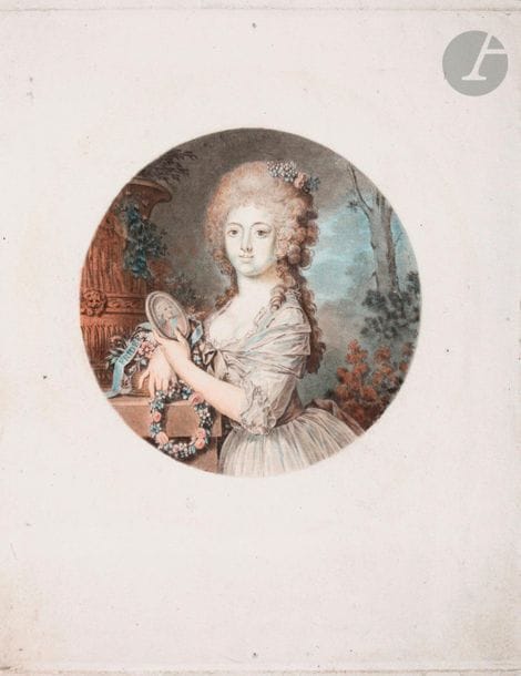 Jean-François Janinet (1752-1814) 

Marie-Sophie-Frédérique de Hesse-Cassel, femme de Frederick VI, reine de Danemark. Vers 1789. Gravure aux outils d’après C. Höyer. Diamètre du sujet : 75 ; cuivre 120 x 150. Portalis et Beraldi 143 ; I.F.F. 59. Impression en couleurs. Très belle épreuve, rognée latéralement sur le coup de planche, avec marges étroites en tête en en pied. 



L’original, une miniature du peintre Cornelius Höyer, fait partie des collections royales du Danemark, au château de Rosenborg. Elle fut réalisée vers 1789, date d’un séjour du peintre à Paris. (Inventaire du fonds français, graveurs du XVIIIe siècle, tome XII, n° 59).