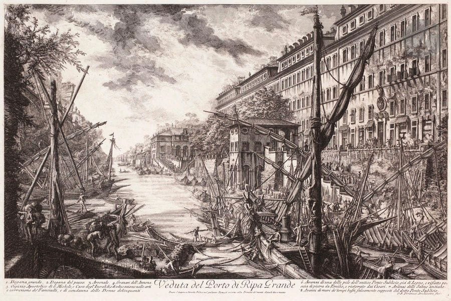 Giambattista Piranesi (1720-1778)

Veduta del Porto di Ripa Grande. 1753. Eau-forte et burin. 615 x 405. Hind 27 (iii/vi). Très belle et brillante épreuve sur vergé, la barge du centre effacée mais avant effaçage du prix, montée sous passe-partout. Pli de séchage vertical médian. Plusieurs minuscules fractures visibles par transparence. Larges épidermures circulaires dans les angles au verso. Belles marges [640 x 438]. Tirage romain.