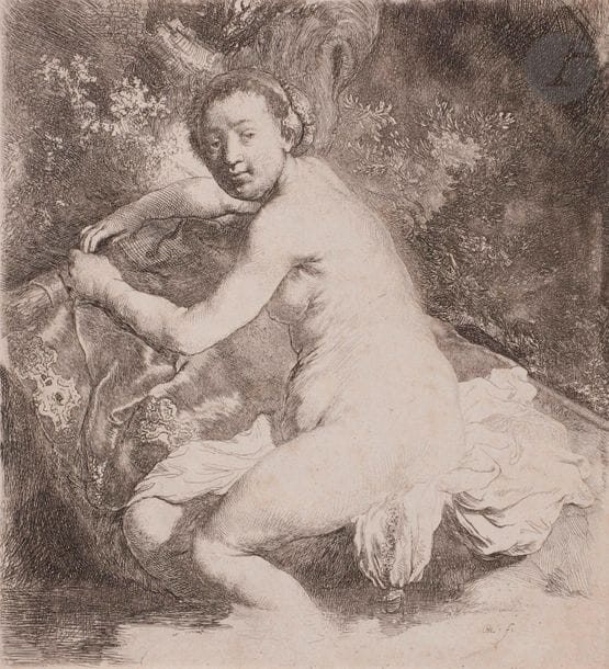 Rembrandt Harmensz. van Rijn (1606-1669)

Diane au bain. Vers 1631. Eau-forte. 160 x 175. Bartsch 201 ; New Hollstein 201. Bonne épreuve grise, sur vergé mécanique, d’un tirage tardif (XIXe s.), le cuivre très usé, les contours repris au burin, rognée au coup de planche, collée par les angles sur vergé fort.