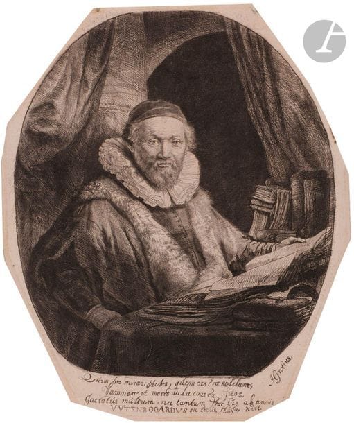 Rembrandt Harmensz. van Rijn (1606-1669)

Jan Uitenbogaert. 1635. Eau-forte, pointe sèche et burin. 186 x 225. Bartsch 279 ; New Hollstein 153. Bonne épreuve sur vergé mécanique, d’un tirage Bernard (entre 1850 et 1900), avec notamment les tailles verticales sur le nez et les nouvelles tailles dans le bonnet, irrégulièrement rognée autour du coup de planche hexagonal, avec petites entames à gauche et à droite dans la tablette en pied. Traces de colle et petit pli de tirage vermiculaire blanc dans la table. Petites traces de plis et de colle visibles au verso. Filets de marges.