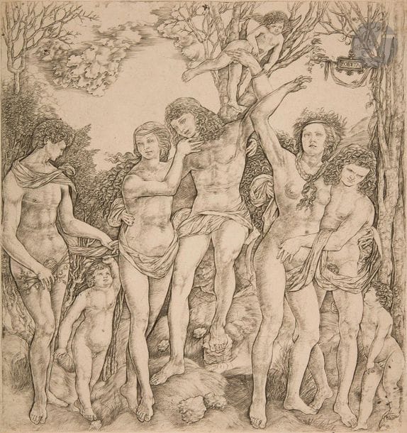 Cristoforo di M. ou Cristofano Robetta (c.1462-c.1534) 

L’Homme attaché à un arbre par l’Amour (allégorie sur le pouvoir de l’amour). Burin d’après Raphaël ou G. Romano. 281 x 300. Bartsch 25 ; Hind 29 ; The Illustrated Bartsch 25 (Commentary) 043. Belle épreuve en tirage tardif, les contours repris au burin, sur vergé fort filigrané « Van der Ley », rognée au coup de planche, avec petites taches (défauts d’encrage) notamment au bord inférieur droit du sujet et en tête dans les arbres, et de nombreuses éraillures dans le cuivre. Petites taches ou traces de colle dans les angles supérieurs au verso. Court pli horizontal traversant le pied de la figure à gauche. Petite déchirure anciennement restaurée en tête au verso. Ex-coll. A. J. Hachette (Lugt 132). 



« The original copperplate is preserved in the British Museum with the artist’s « Adoration of the Magi » on the other side. Consequently, an unusually large number of impressions of these prints exist, many of them apparently modern. » (The Ill. Bartsch, Commentary).