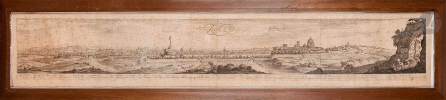 Israël Silvestre (1621-1691) 

Roma. 1642. Eau-forte d’après L. de Lincler « ad vivum ». Feuillet : 1250 x 220. Faucheux 28. Très belle et rare épreuve en quatre morceaux raboutés, du 1er état (sur 2), avant l’excudit de Mariette. Rousseurs claires éparses et petites taches. Quelques fines traces de plis médianes. Bonnes marges. Cadre. 



Planche réalisée alors que Silvestre n’était âgé que de 21 ans.