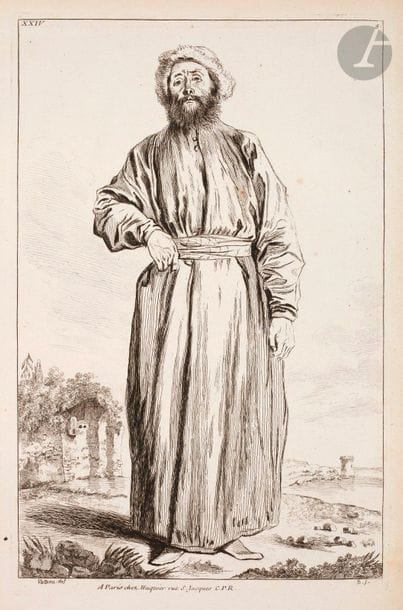 Jean-Antoine Watteau (1684-1721) (d’après)

Persan de profil ; Homme en costume oriental en pied. (Pl. des Figures de différents caractères). Gravé à l’eau-forte par Boucher. 218 x 355 et 230 x 350. Goncourt 351 et 428. Très belles épreuves sur vergé, la 1re du 1er état (sur 2) avant les fonds et le numéro en chiffres romains, la 2e légèrement oxydée. Toutes marges. Ens. 2 p.