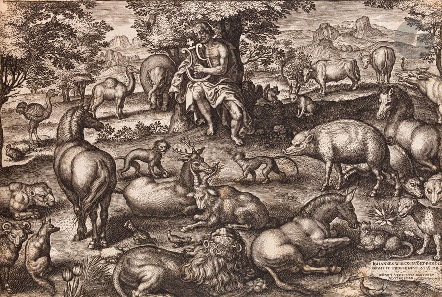 Johannes Wierix (1549-c. 1620)

Orphée et les animaux. 1615. Burin. 176 x 120. Hollstein (Dutch) 1898. Belle épreuve rognée au trait carré. Petite épidermure dans l’angle supérieur gauche. Restes de papier collés dans les angles au verso.