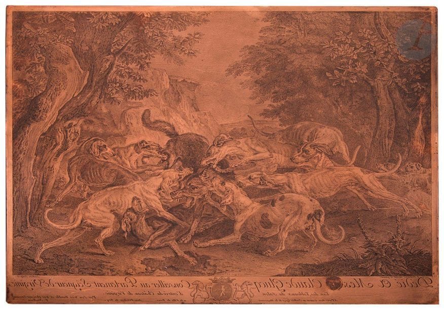 François Joullain (1697-1778)

Chasse au loup. 1734. Cuivre gravé à l’eau-forte et au burin d’après A.-F. Desportes. 480 x 392. I.F.F. 39. Avec les noms des artistes, la lettre, les armes, et l’adresse « A Paris chez Gautrot et Joullain, Quay de la Megisserie ». Angles arrondis. Petites traces de frottement en surface.