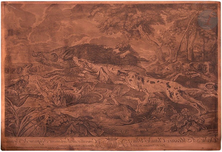 François Joullain (1697-1778)

Chasse au sanglier. 1734. Cuivre gravé à l’eau-forte et au burin d’après A.-F. Desportes. 480 x 392. I.F.F. 40. Avec les noms des artistes, la lettre, les armes, et l’adresse « A Paris chez Gautrot et Joullain, Quay de la Megisserie ». Angles arrondis. Petites traces de frottement en surface.