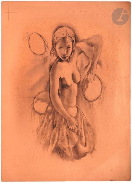 Mariette Lydis (1887-1970) 

Jeune femme exotique, torse nu. (L’une des 20 illustrations pour Pierre Louÿs, Les Chansons de Bilitis, Paris, G. Guillot, 1948). Cuivre gravé à la pointe sèche sur fond d’héliogravure. 290 x 360. Angles arrondis. Biffé de plusieurs traits dans les angles supérieurs.
