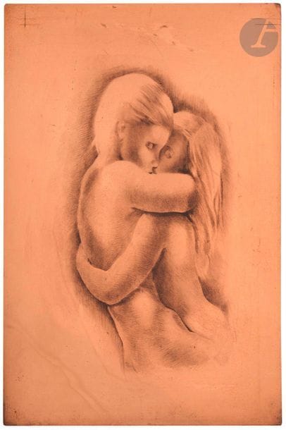 Mariette Lydis (1887-1970) 

Deux femmes enlacées. (L’une des 20 illustrations pour Pierre Louÿs, Les Chansons de Bilitis, Paris, G. Guillot, 1948). Cuivre gravé à la pointe sèche sur fond d’héliogravure. 290 x 360. Angles arrondis. Biffé de plusieurs traits dans les angles supérieurs.