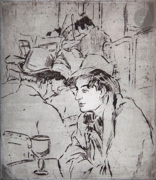 Maud Hunt Squire (américaine, 1873-1954) 

Au café, buveur au chapeau. Vers 1917-1918. Zinc gravé au vernis mou. 182 x 196. Biseauté, angles arrondis.