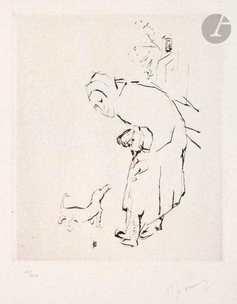 Pierre Bonnard (1867-1947) 

La Vieille femme, l’enfant et le basset. 1927. Pointe sèche. 160 x 190. Bouvet 104. Très belle épreuve sur vélin blanc fort, numérotée et signée au crayon. Toutes marges. Tirage à 100 épreuves pour L’Art d’aujourd’hui. A. Morancé éd.