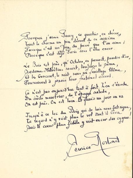 Maurice rostand. 10 manuscrits autographes de poésie (4 signés), et 1 P.A.S. ; 17 pages formats divers. .
On joint divers fragments autographes de poésies, conférences, articles ou ses mémoires (38 pages formats divers)

" Pourquoi j'aime Passy... ", sonnet. Rondel-Préface dédié à Marcel Fargues. Chaîne pour Sainte-Thérèse de Lisieux !, 3 quatrains de quadrisyllabes. Sonnet-Préface pour Jean Hamon. Sonnet-Préface dédié à Mme P. Levillain (2 versions). La Valse, en 16 sizains. Ode à Paris. Quatrain extrait de La Déserteuse. La Ballade des Orphelins d'Auteuil. Plus un éloge de vers libres d'une poétesse, et 4 fac-similés.
On joint divers fragments autographes de poésies, conférences, articles ou ses mémoires (38 pages formats divers) sur les vers au théâtre, depuis la mort de Sarah Bernhardt ; présentation de cinq poèmes de jeunesse ; sur Debussy et Mallarmé ; polémique avec Henri Massis sur le caractère autobiographique en art ; réponse à une enquête littéraire ; mémoires sur la mort de son père, leur collaboration, La Gloire, etc. Plus son Répertoire autographe d'adresses et numéros de téléphone (petit in-4, cartonnage moleskine noire) ; et une liste de noms et adresses (4 ff).