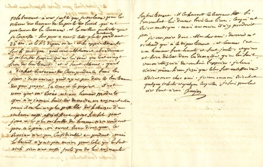 Barthélemy FAUJAS DE SAINT-FOND (1741-1819) géologue. L.A.S., Saint-Fond près Loriol (Drôme) 18 mars 1791, à un ami ; 2 pages et demie in-4.

Sur l'état du département de la Drôme au début de la Révolution. Il a été très occupé par le directoire du département contre lequel il a fait un mémoire pour la commune de Loriol, et une adresse à l'Assemblée nationale. " Sont ensuite survenus les troubles que ces j.f. de pretres vouloient susciter du cotté de Jalès, qu'il a fallu se disposer à partir. Enfin tout est fini, tout est tranquille, et si une fois nous pouvons venir à bout de faire metre à la raison trois subdélegués arristocrates de profession qui se sont introduits dans le directoire du département ainsi que le procureur géneral sindic, qui est detestable, nous n'aurons plus rien à desirer. Car les gardes nationales, les municipalités sont excellentes, et les Sociétés des Amis de la Constitution affiliées à la votre font un bien infini, et ont achevé de terrasser l'aristocratie "... Il prie son ami d'intervenir pour obtenir une augmentation du traitement du receveur du bureau de poste de Loriol, M. Brès, procureur de la commune " et le meilleur patriote que je connaisse "... Et il promet pour finir : " Je vous enverrai bientôt quelques insectes et quelques coquilles "...