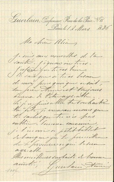 Aimé guerlain (1834-1910) parfumeur. 10 L.A.S., Paris 1885-1892, à sa sœur Alix Piras ; 15 pages et demie in-8, la plupart à son en-tête Guerlain, Parfumeur, Rue de la Paix, N° 15, 2 enveloppes. 
On joint 4 cartes de visite autogr. à la même, plus une de son épouse, et 2 faire-part de la mort de leur fils Jean-André, sous enveloppe adressée à la même.

Lettres familiales. Vœux de nouvel an et de fête, évoquant aussi la santé de ses enfants et neveux. " Tu as raison. Il est loin l'heureux temps d'autrefois où nous vivions si fraternellement unis, sans arrière-pensée. La vie a été dure pour toi. Elle l'a été pour moi aussi. J'ai trouvé la paix et des enfants à aimer après bien des déboires. Aussi je compatis du fond du cœur à tes regrets, lorsque tu fais un retour vers le passé. Malheureusement il ne dépend pas de moi de changer ce qui est. Tu peux du moins compter sur mon affection. [...] je resterai l'homme de la famille jusqu'au bout "...
