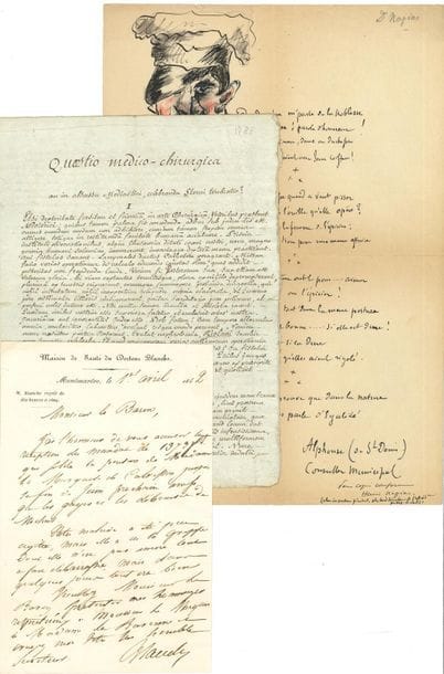 MÉDECINE. 11 lettres ou pièces, la plupart L.A.S.

Allaire (Leyde 30 juin 1744, à Morand, sur un albinos, Van Swieten, La Mettrie et Boerhaave), Esprit Blanche (Montmartre 1842, à son en-tête, au sujet de sa patiente la marquise de Calvisson), Henri Napias (amusant poème avec dessin), Louis-Jérôme Raussin (p.s. au bas d'une " Quaestio medico-chirurgica ", mémoire rédigé par le bachelier Carrié, 21 novembre 1780), Jean Baptiste Regnault (p.s., consultation de Mme de la R..., 1819), Raphaël-Bienvenu Sabatier (p.s., aux Écoles de Chirurgie, Paris 1764, certificat d'assiduité à son cours d'anatomie), Joseph Souberbielle (à Étienne Cabet, 1842, et reçu signé 1826), Pierre Thouvenel (à propos de la recherche d'un gisement de charbon de terre à Luzarches sur ordre du baron de Breteuil), Joseph-Marie Vigarous (consultation a.s., Nîmes juin 1803) ; et une note sur les eaux de Bagnères de Luchon d'après les observations du Dr Fontan.