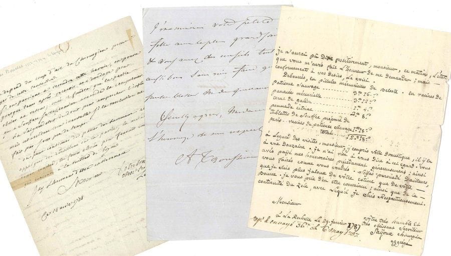médecine. 35 lettres ou pièces, la plupart L.A.S. ou P.A.S., fin XVIIIe-XIXe siècle.

Jean-Louis Alibert, Charles-Louis-François Andry (1813, comme " Médecin consultant " de l'Empereur, certificat médical), Étienne-Marin Bailly (1836 à M. de La Saussaye, plus ms d'un discours sur sa tombe), Jacques-François Baron (1844, ordonnance), Jean Civiale, Maxime Durand-Fardel (bon pour des bains gratuits à Vichy, 1853), Johann-Friedrich Erdmann, Pierre-Élie Fouquier (à Gabriel Andral), Auguste-Nicolas Gendrin (1860), Auguste Godart (certificat médical, 1845), Adolphe Gubler (à un savant collègue), Noël Guéneau de Mussy (ordonnance), Paul Guersant, Natalis Guillot (certificat médical, 1848), Samuel Heller (1824), André-Marie Lallemant (comme chirurgien en chef de la Salpêtrière, certificat pour un élève externe, 1804), Augustin-Jacob Landré-Beauvais (certificat médical, 1825), Amédée Latour (2, 1864), Le Boucher (1788), Auguste Lemontagnier (au Dr Civiale, Châteaulin 1828), Jean-Jacques-Joseph Leroy d'Étiolles (1854), Louis Macartan (parlant d'Abel de Pujol), Joseph-François Malgaigne (au Dr Lemire), Charles Marchal de Calvi (procuration, 1854), Alexandre Mayer (sur le changement d'adresse de La Presse médicale, 1853), Auguste Millard (1870), Mathieu Orfila (autorisation à un médecin de pratiquer les " touchers " de sa clinique en présence de la sage-femme en chef, 1842 ; et sa femme Gabrielle), Philibert Patissier, Philippe Ricord (2), Francesco Rognetta (sur les Annales de thérapeutique et de toxicologie, 1843), Hippolyte Royer-Collard (à son oncle), Jean Sayoux (détail de dépenses pharmaceutiques, La Rochelle 1787), Armand Trousseau.