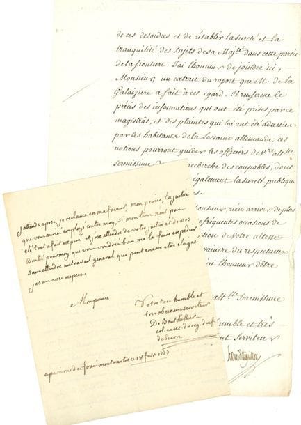 ANCIEN RÉGIME. 13 lettres ou pièces, la plupart L.S. ou P.S., XVIIe-XVIIIe siècle.

Armand duc d'Aiguillon (1773, au landgrave de Hesse-Darmstadt, à propos de brigands en Lorraine), Charles-Léon de Bouthillier de Beaujeu (1777, comme colonel en second du régiment d'infanterie de Béarn, demandant la croix de Saint-Louis), Louis-Marie-Athanase de Loménie comte de Brienne (au comte de Lauzerne, 1778), Charles-Alexandre de Calonne (1784, à la comtesse d'Ailly), Louise-Honorine Crozat duchesse de Choiseul (2, Compiègne et Chanteloup 1770), Eustache II de Croÿ comte de Rœux (Douai 1641, concernant des prisonniers de guerre), Charles d'Hozier (armoiries peintes de Jeanne de Verrière, 1698), Yves-Marie Desmarets de Maillebois (à Necker), Chrétien-Guillaume de Lamoignon de Malesherbes (sur sa nomination au ministère, 1775), Jean-Frédéric Phélypeaux comte de Maurepas (évoquant une pénurie de blés, 1740), Charles de Rohan prince de Soubise (Hanau 1758), Antoine-Gabriel de Sartine (concernant Lally-Tolendal, prisonnier à la Bastille, 1764).
