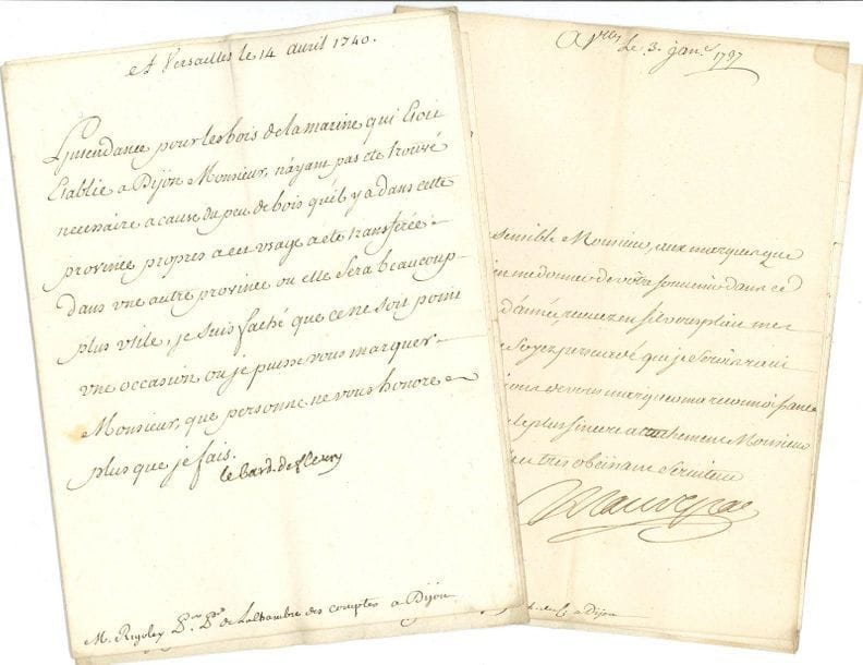 ANCIEN régime. 18 L.S. de ministres de Louis XV, à Jean Rigoley, premier président de la Chambre des comptes à Dijon, ou à son fils et successeur dans la charge, Claude Rigoley, Marly ou Versailles 1727-1767.

Cardinal André-Hercule de Fleury (13), Jean-Frédéric Phélypeaux comte de Maurepas (4), Gabriel de Choiseul duc de Praslin.